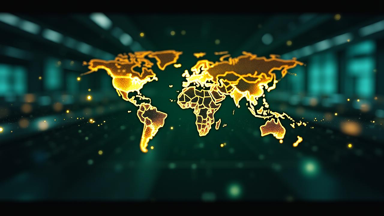 Abstract digital visualization of global trade routes and geopolitical data points over a dark map